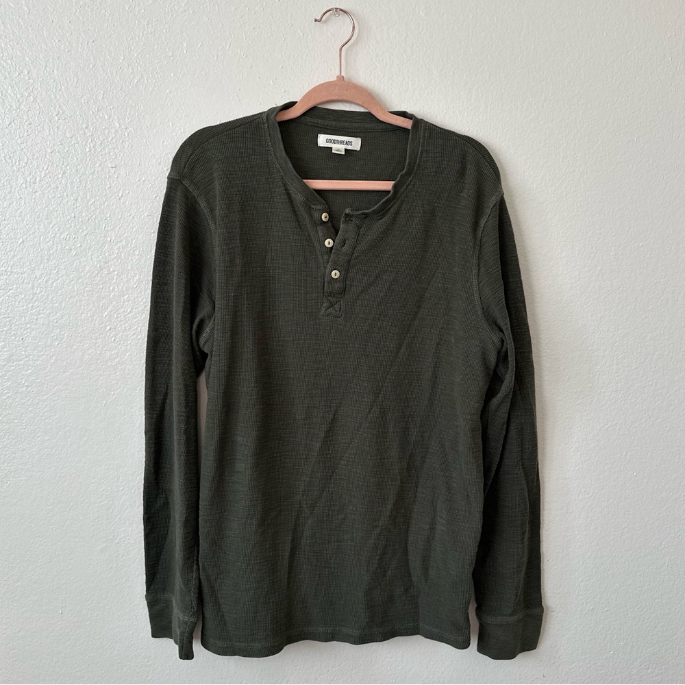 GOODTHREADS Men's Olive Green Henley Long Sleeve Shirt
